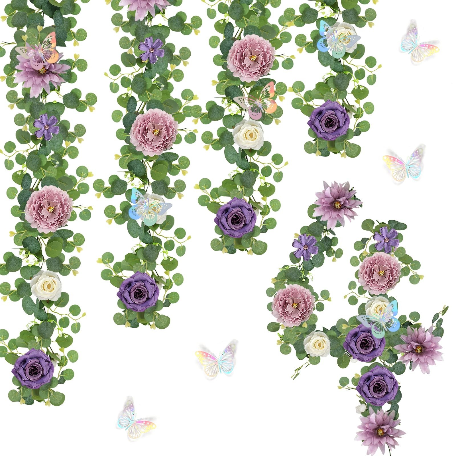 HOMENERGY 4 Pack 5.9 FT Artificial Flower Garland – Light Purple & Purple