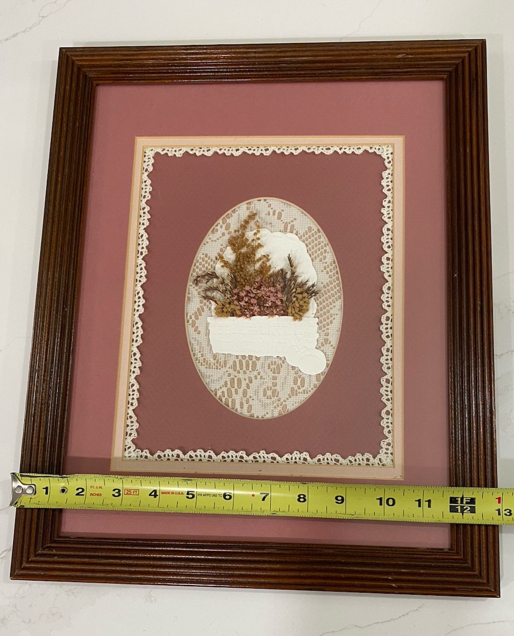 Pressed Flowers Floral Lace Border Basket Matted And Framed CottageCore Art