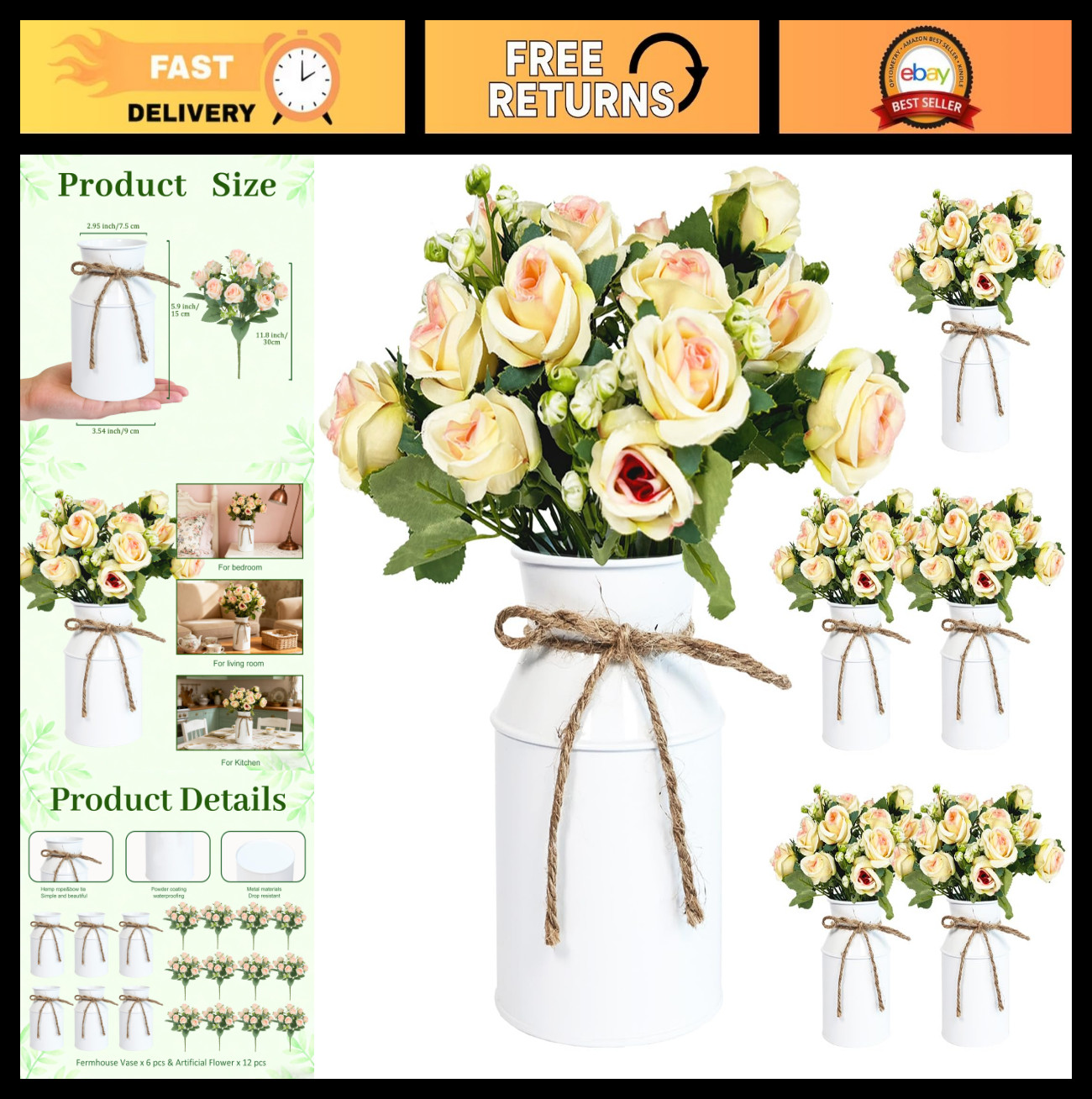 Farmhouse Faux Rose Flower Arrangements – Set of 6 for Table Centerpieces, Home