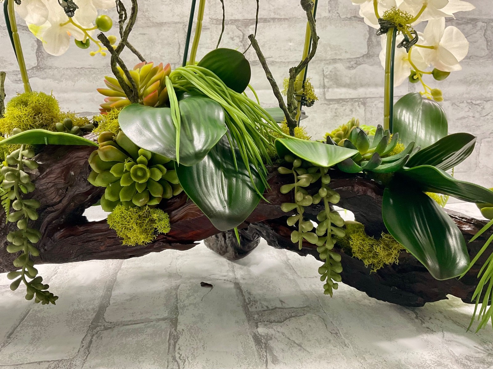 Large Driftwood Orchid Arrangement, White Real Touch Orchids Succulents 28’x17′
