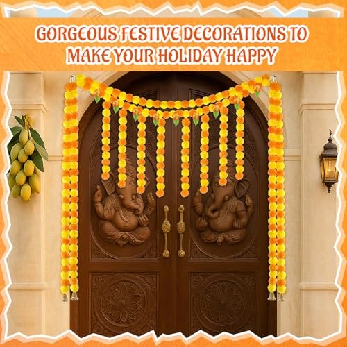 1 Set Artificial Marigold Flower Strands Tassel Garland for Diwali 5 Bell Style