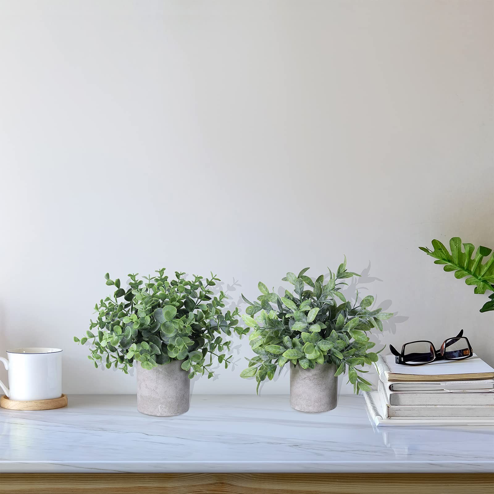 Set of 2 Faux Mini Potted Plants Artificial Eucalyptus Boxwood Plants in Pots…