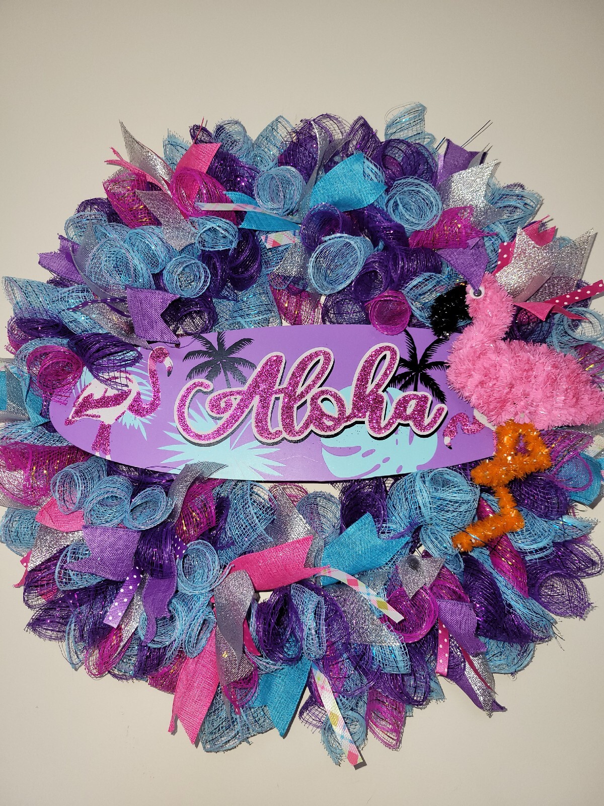 ALOHA Summer Spring Mesh Front Door Wreath Wall Decor BRIGHT Purple Pink Blue