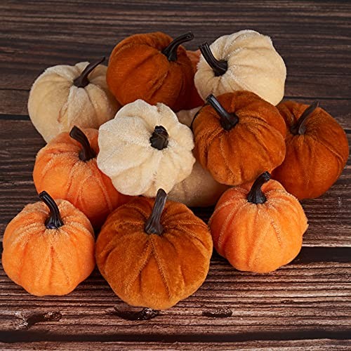 Pumpkin Decor 12pcs Artificial Fake Faux Velvet Foam Fabric Pumpkins Fall