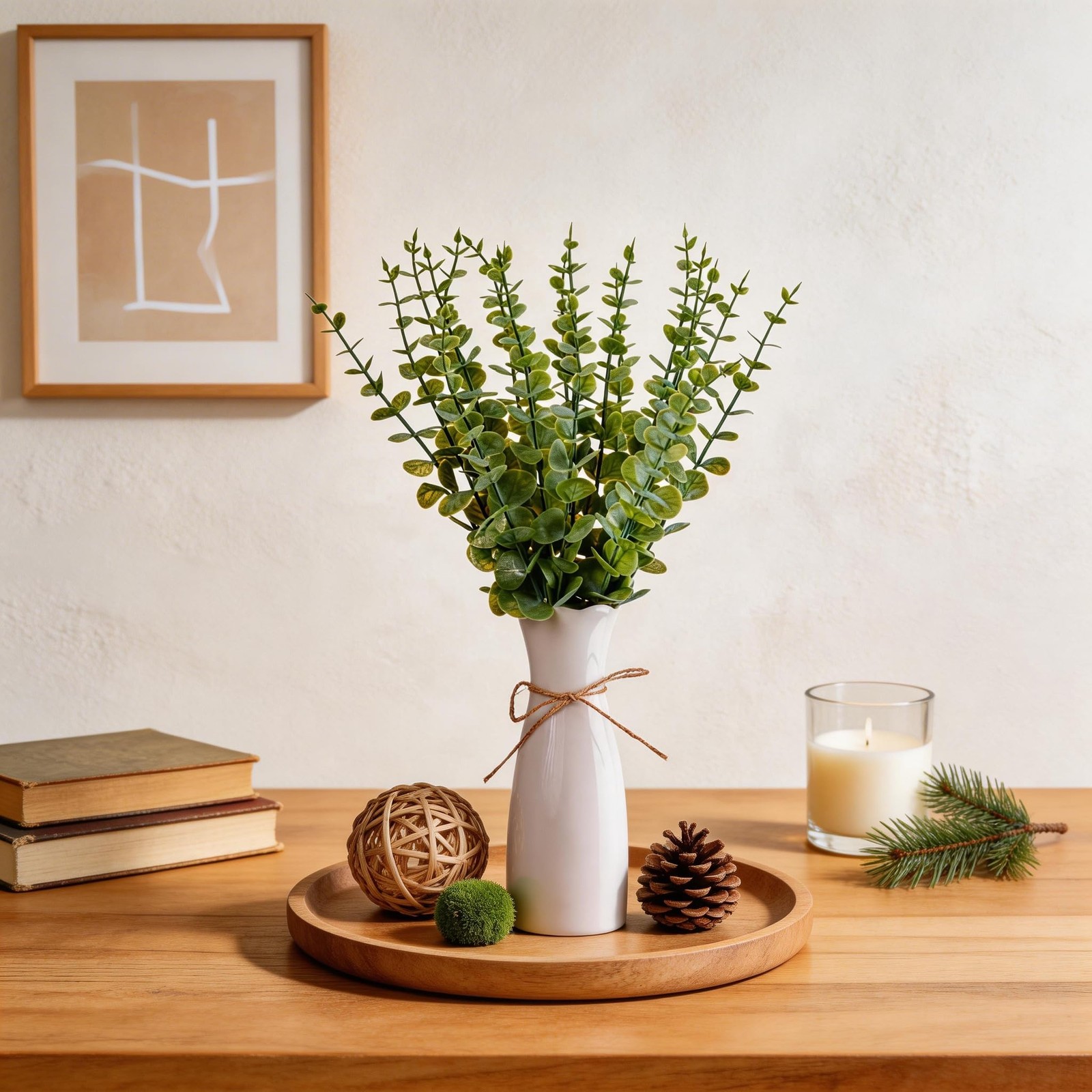 Artificial Eucalyptus Stems with White Vase,19 Inch Small Fake Plants Indoor,…