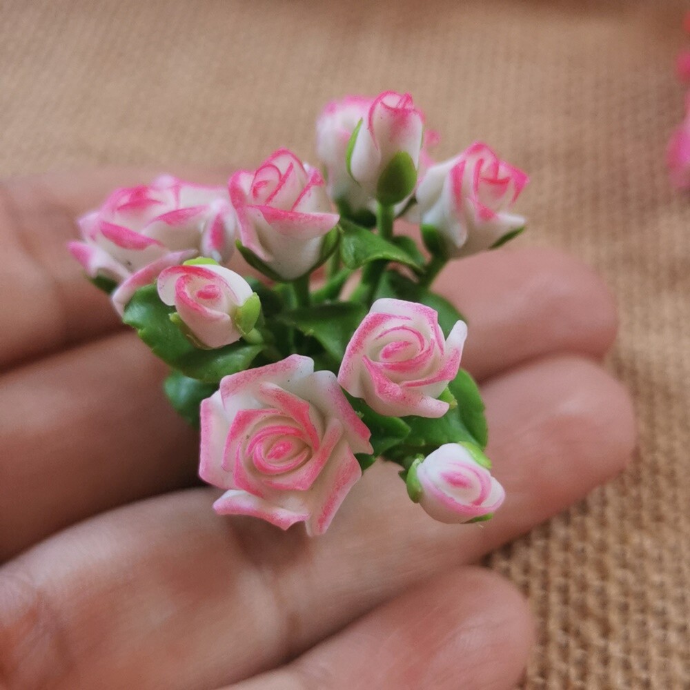Bloom White Rose Pink Edges Flower Miniature Dollhouse 3 Bunches Flowers Decor
