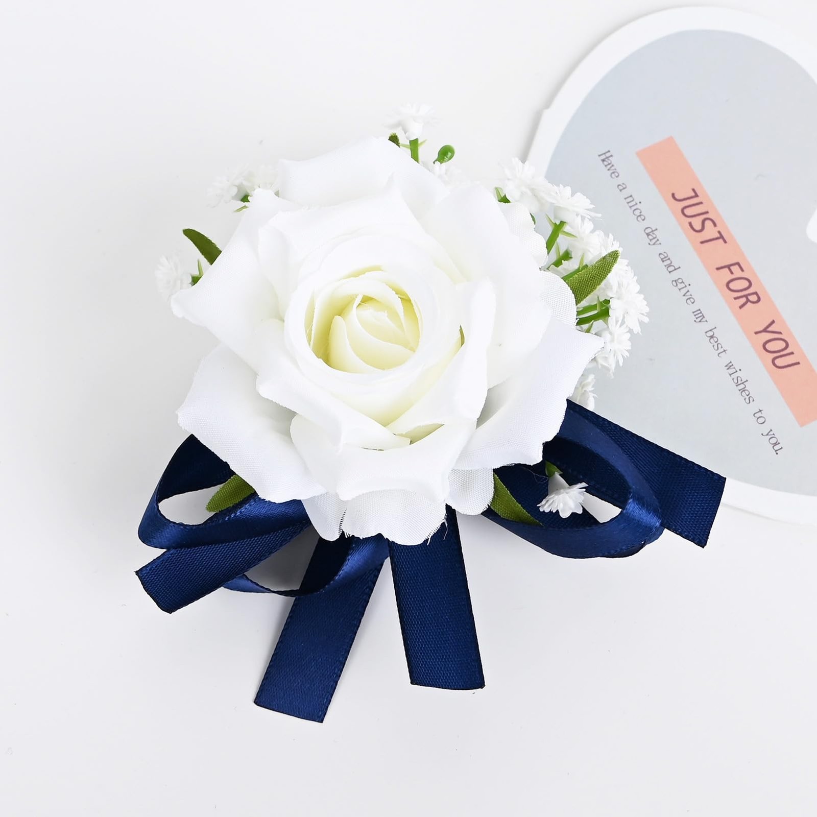 White Navy Blue Boutonniere Corsage Set Artificial Rose Prom Suit 2 PCS