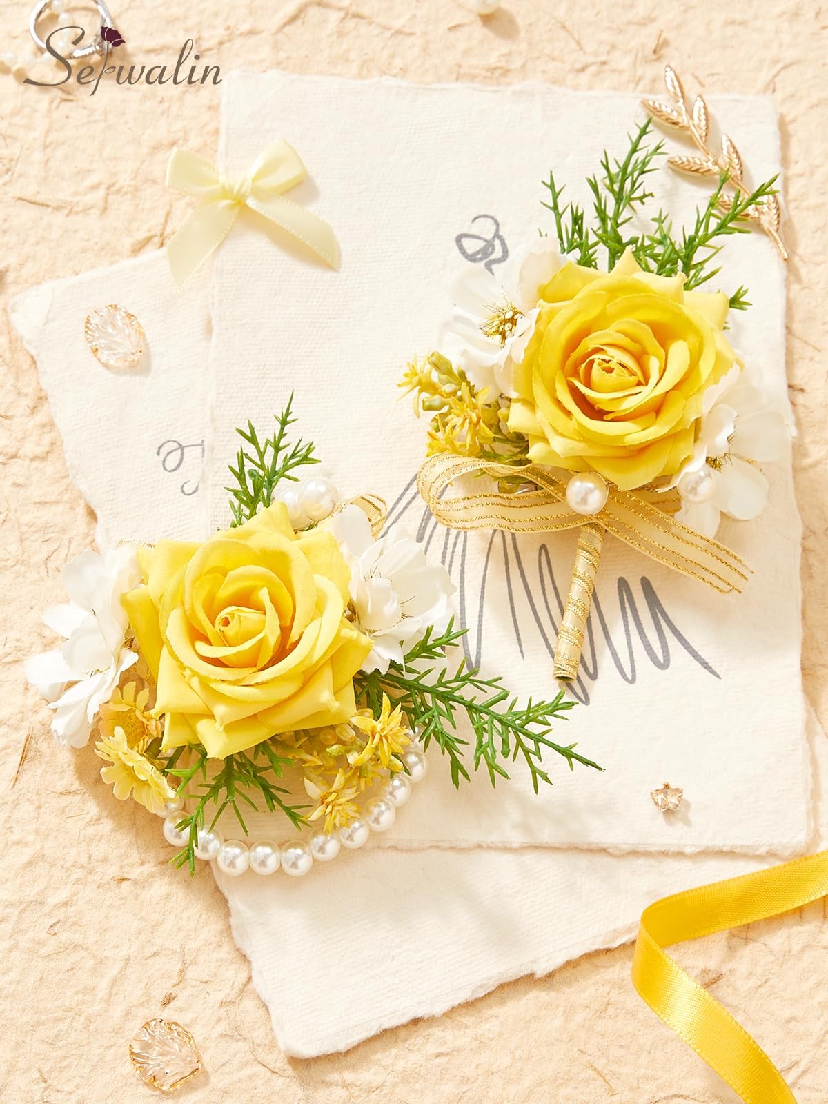 Yellow Rose Corsage and Boutonniere Set, Artificial Silk Rose Wrist Corsage W