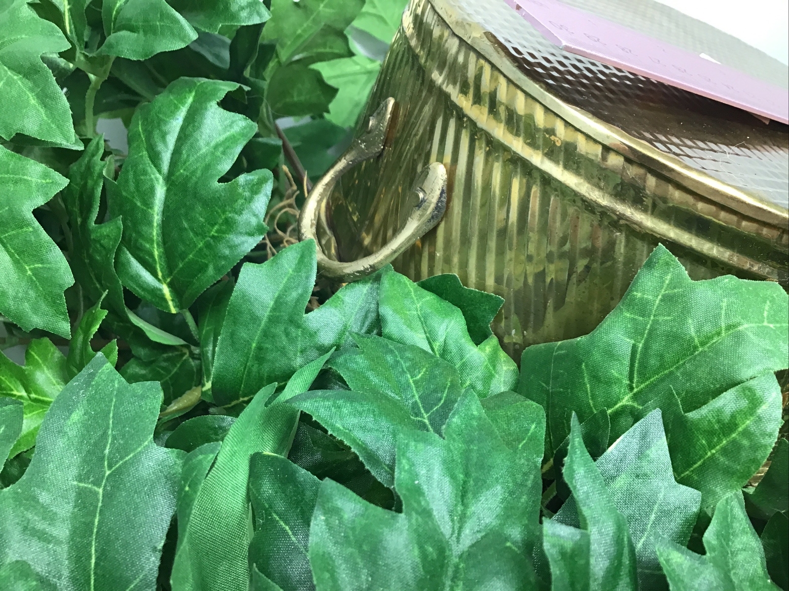Large Artificial Silk Green Leafy Plant In Brass Hosley Planter
