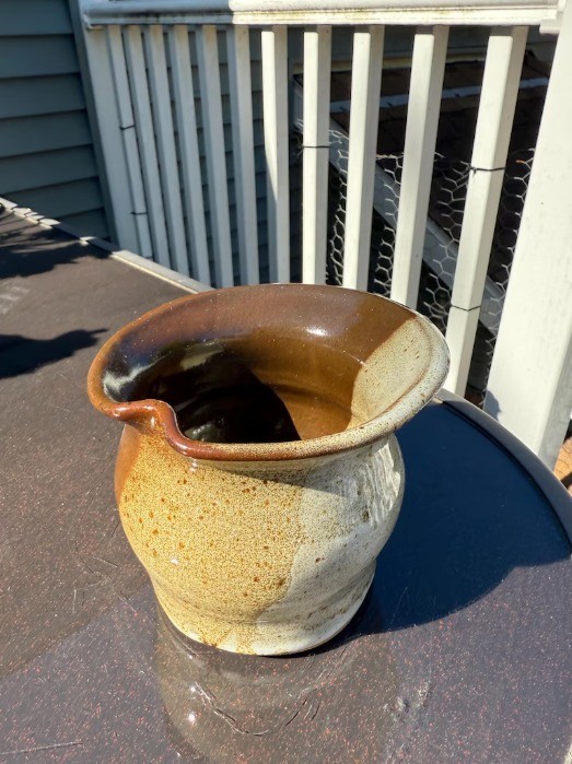 brown and white glazed ceramic flower pot