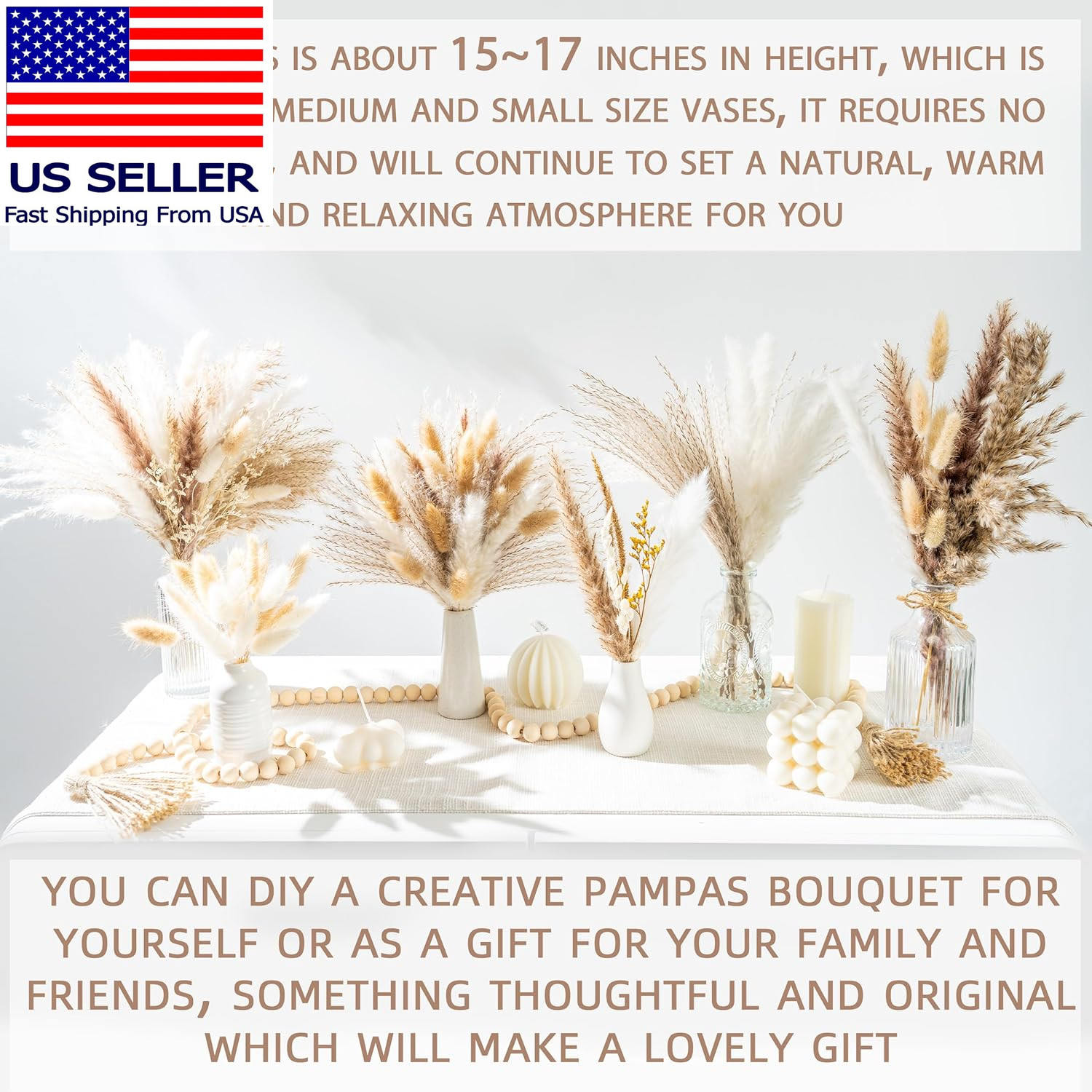 96PCS Natural Dried Pampas Grass Boho Home Decor Bouquet Phragmites Dried Flower