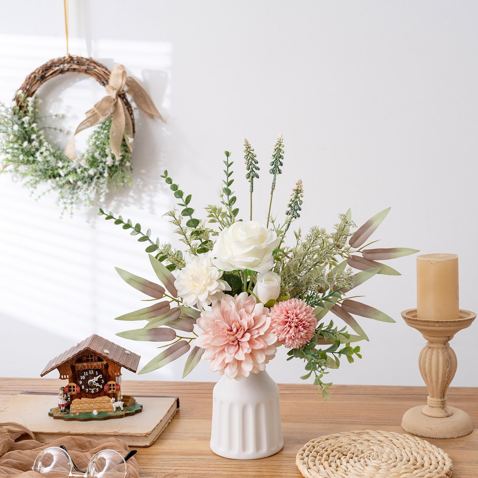 Fake Flowers in Vase, Artificial Flowers with Vase, 15.7” Floral Arrangement…