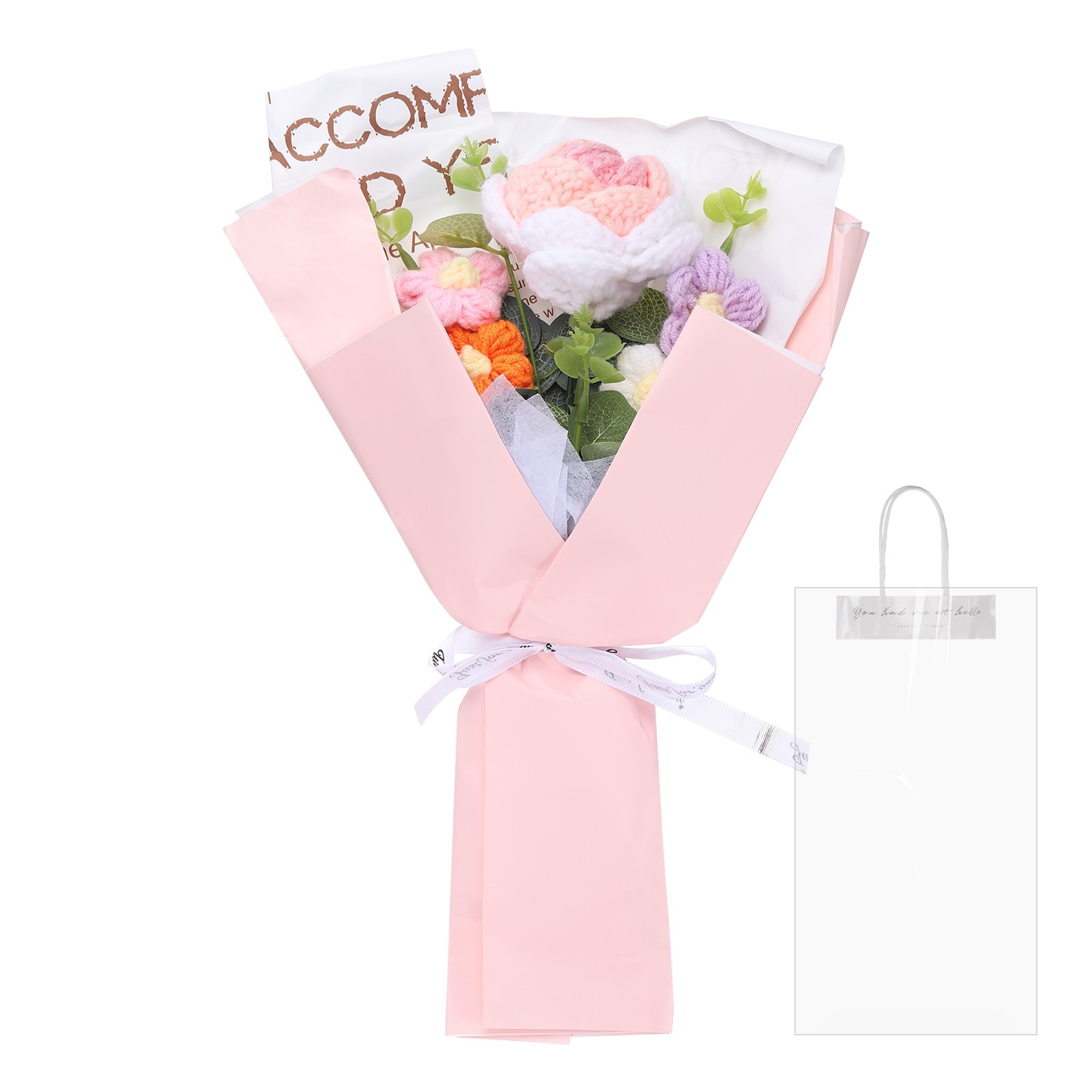 Crochet Flowers Bouquet Handmade for Crafts Knitted Bouquet Rose Gradient Powder