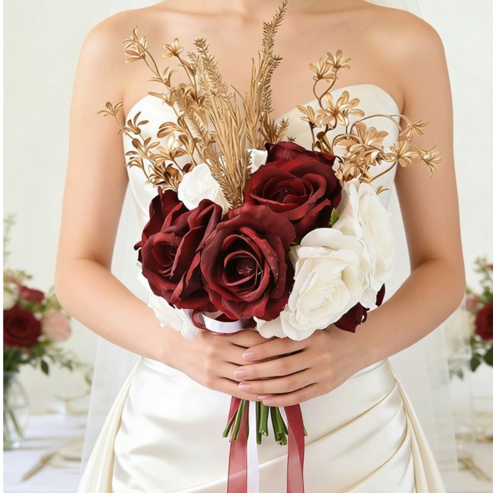 Silk Wedding Bridal Bouquet Artificial Handheld Roses with Bow Decoration