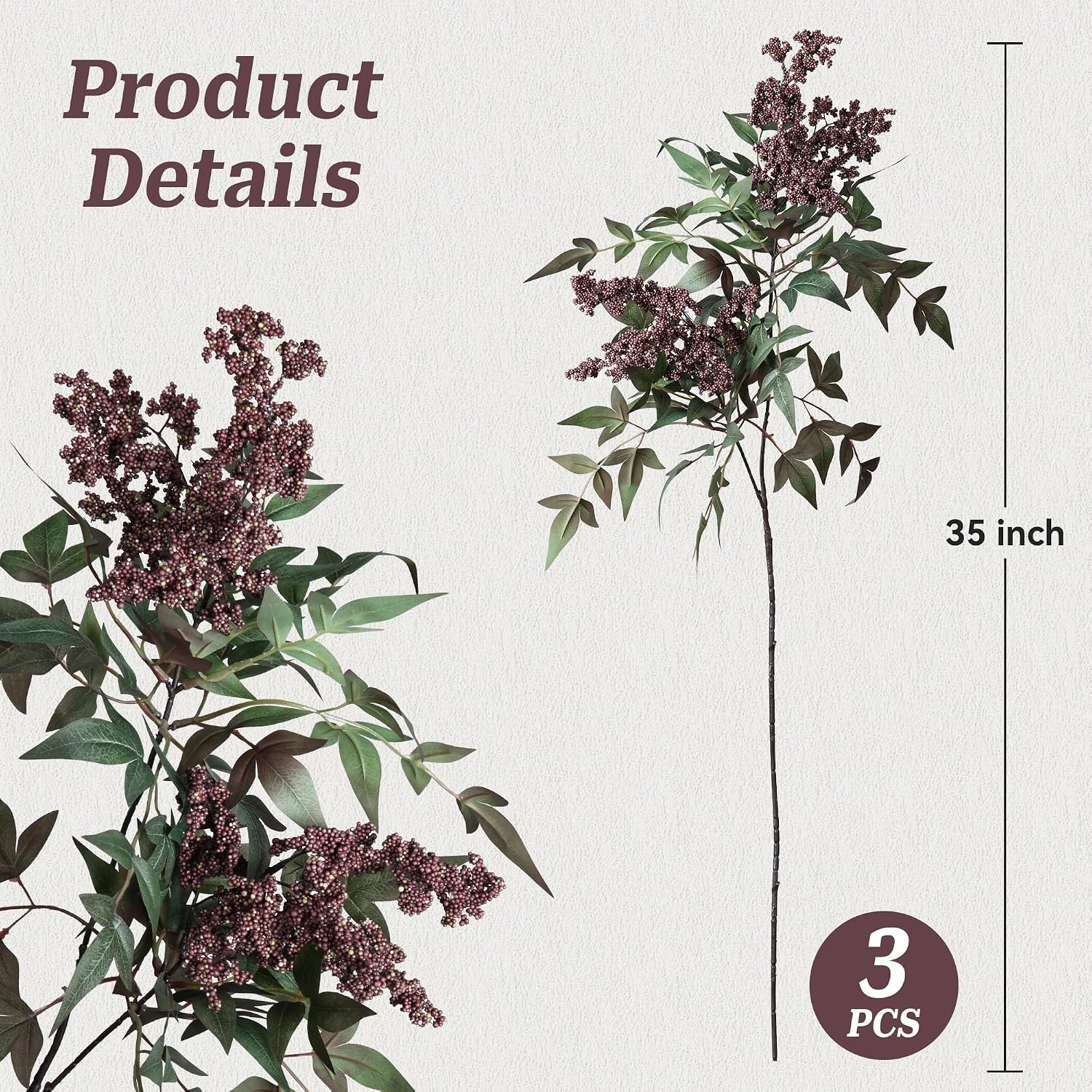 35″ Faux Berry Stems – 3 Pcs Dusty Plum for Home Decor & Weddings