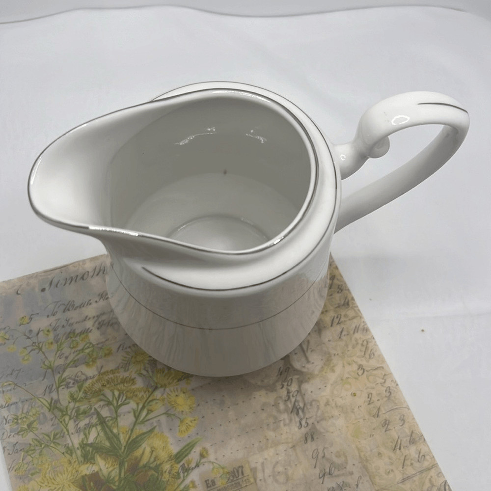 Farmhouse White Creamer Silver Horizontal Stripe Floral Accents Faux Flowers
