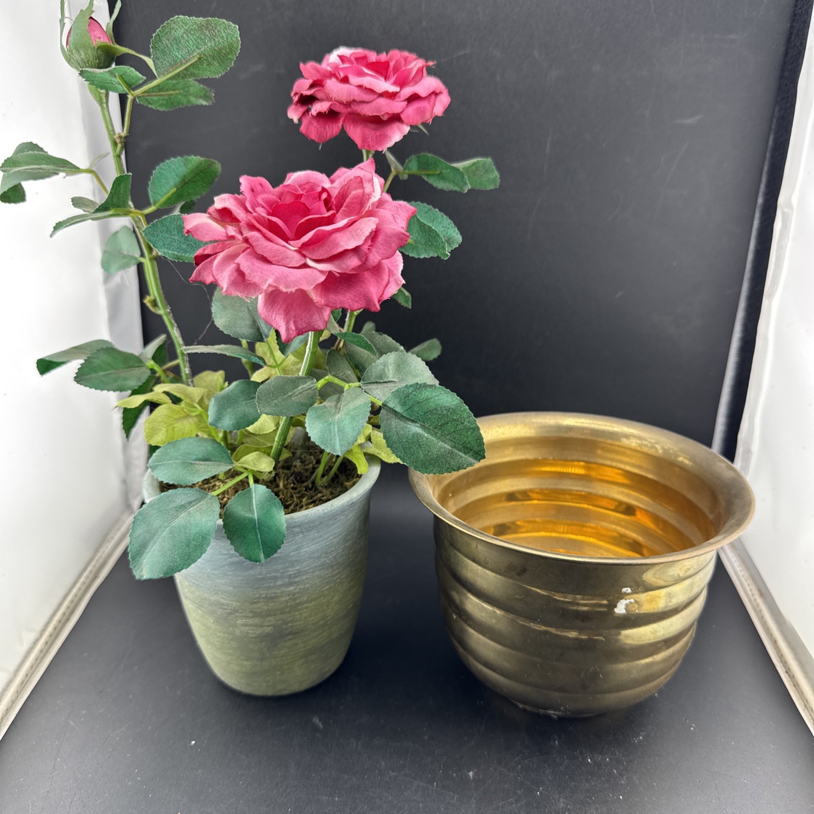 Artificial Pink Rose Plant in Pot with Vintage Brass Planter – Home Decor