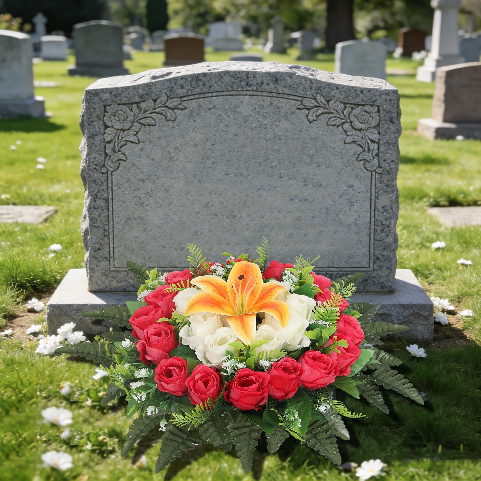 Red Artificial Cemetery Silk Flowers Fake Birthday Cake Grave Headstone Decor