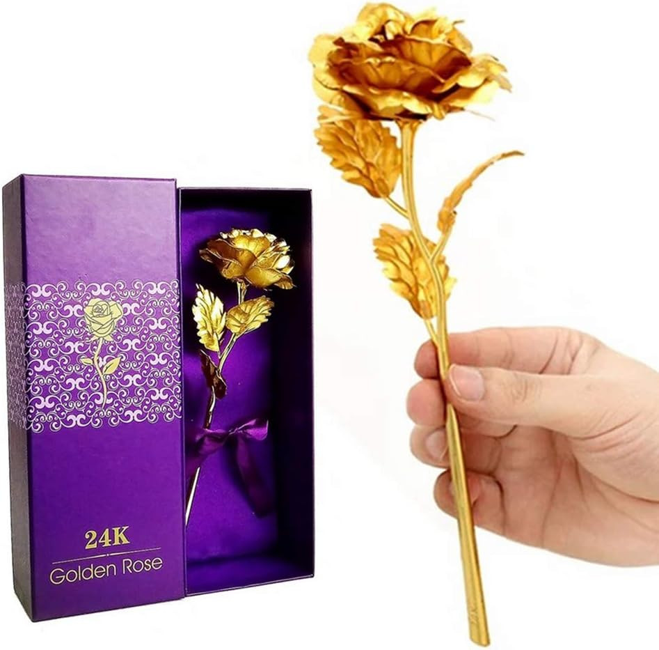 10In 24K Gold Foil Artificial Rose Flower, 24K Golden Rose Birthday Gift with Gi
