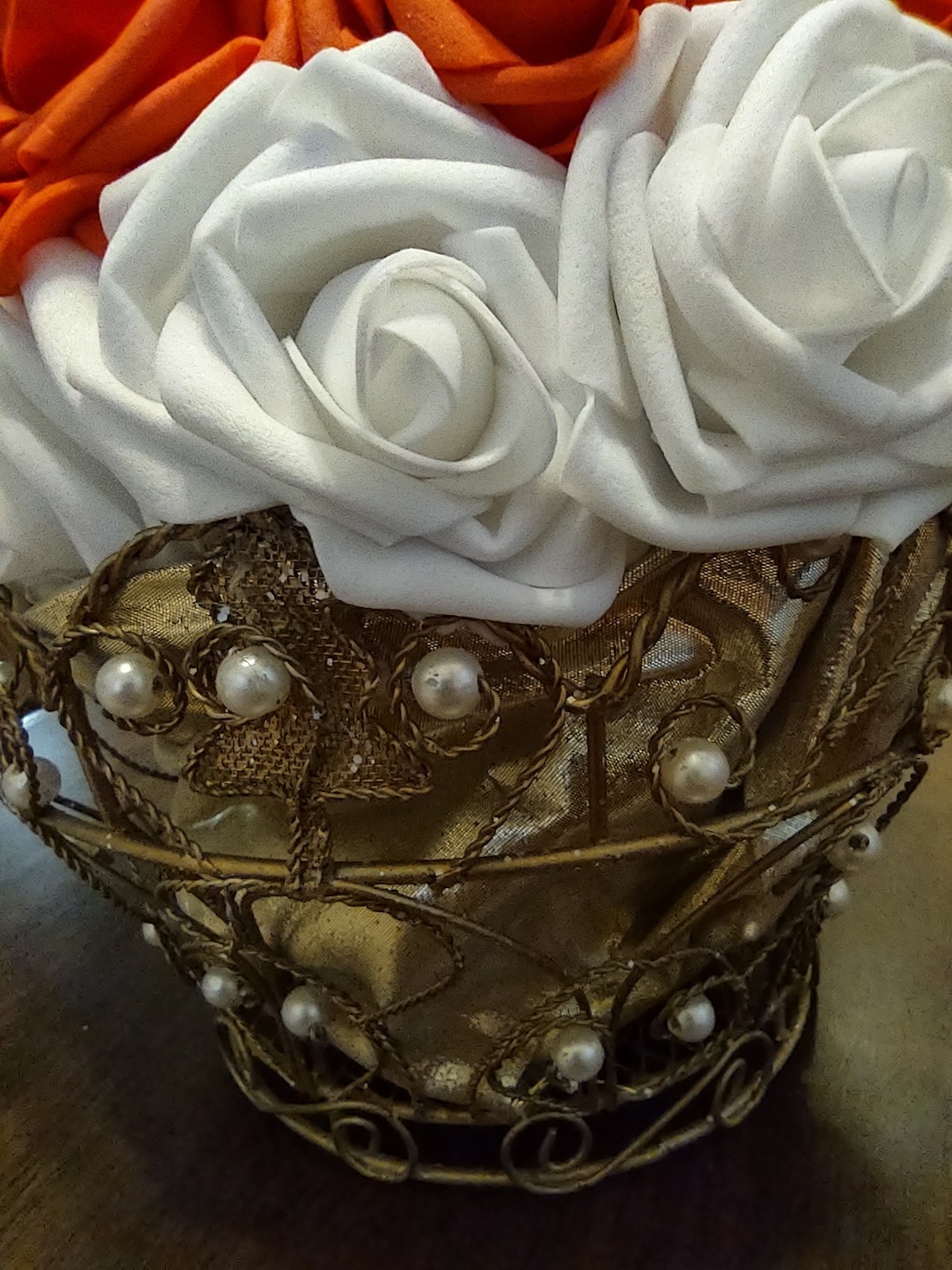 Centerpiece Valentine’s Day Faux White And Red Roses In Gold Tone Metal Basket