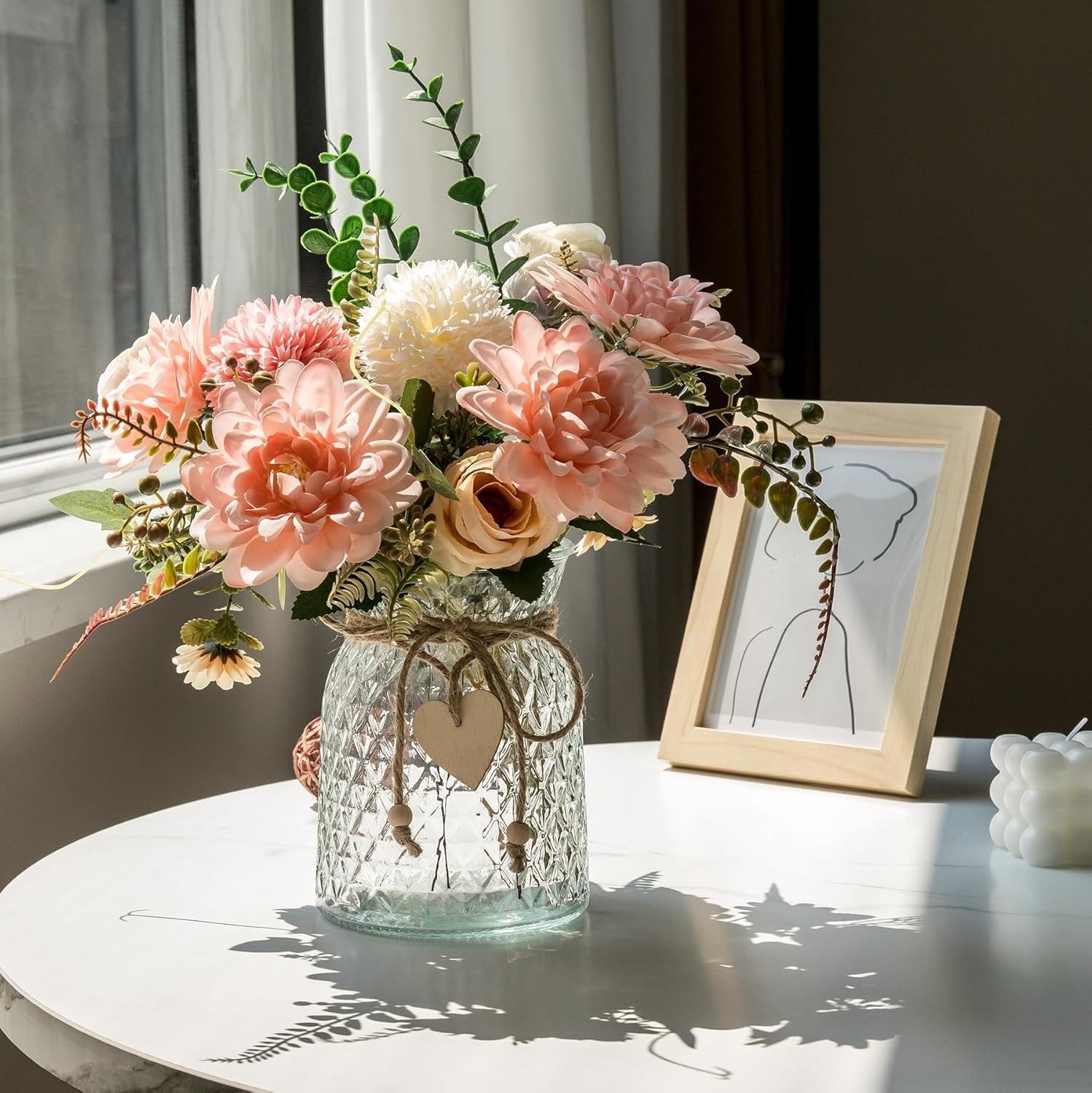 Artificial Flowers Pink Dahlia Silk Faux with Vase Aubcee Fake Home Decor Coffee