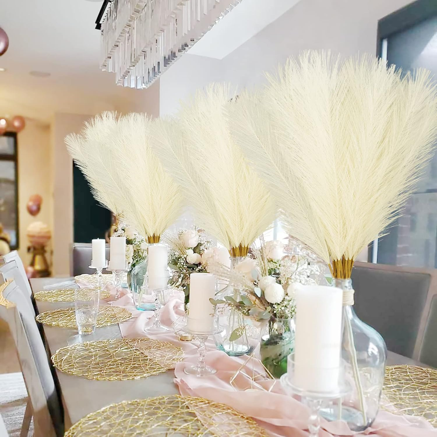 50PCS Faux Pampas Grass, 21.6″ Short Artificial Pompous Grass 50 PCS Beige