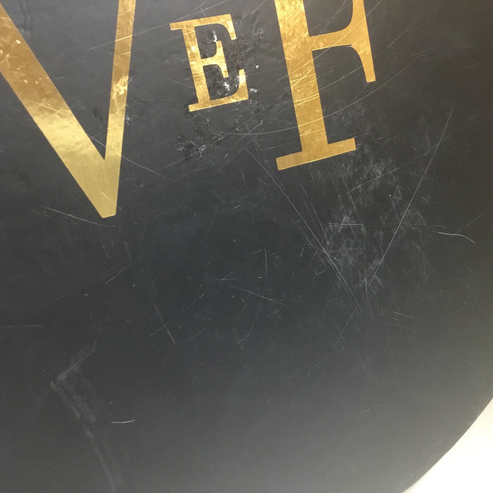 Venus Et Fleur Large Flower Box Black Gold Lettering Violet Roses9”tall 12”dia.
