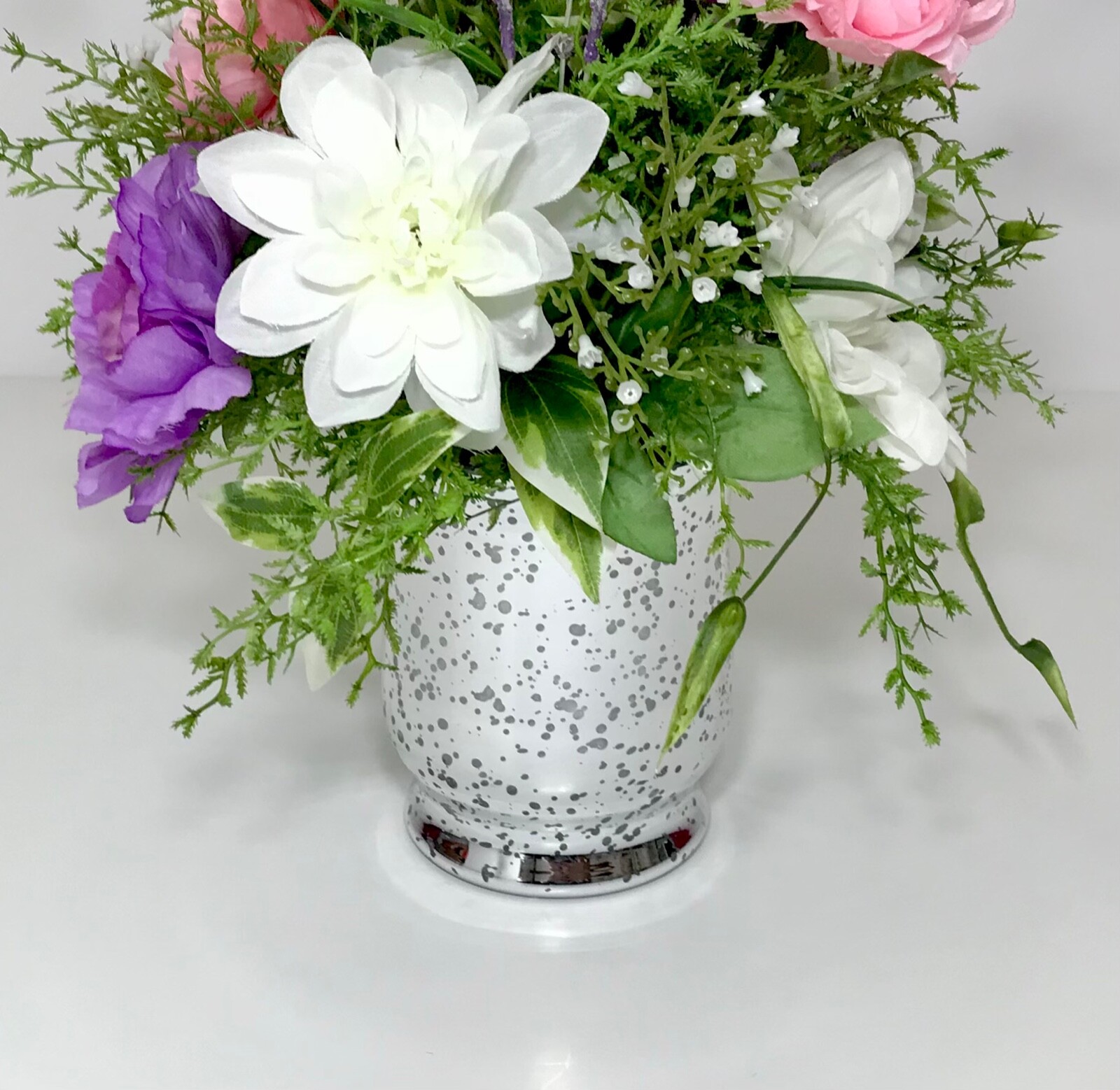PINK PURPLE WHITE FLOWERS ARRANGEMENT MIRRORED GLASS VASE CENTERPIECE GIFT NEW