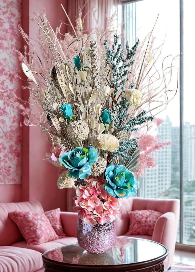 Pink & Blue Centerpiece Chic Elegant Living Dining Room Decor Bedroom Accent