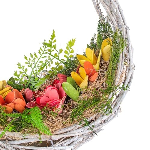 15 inch Spring Wreath with Multi Floral Colorful Wood Flowers and Mossy