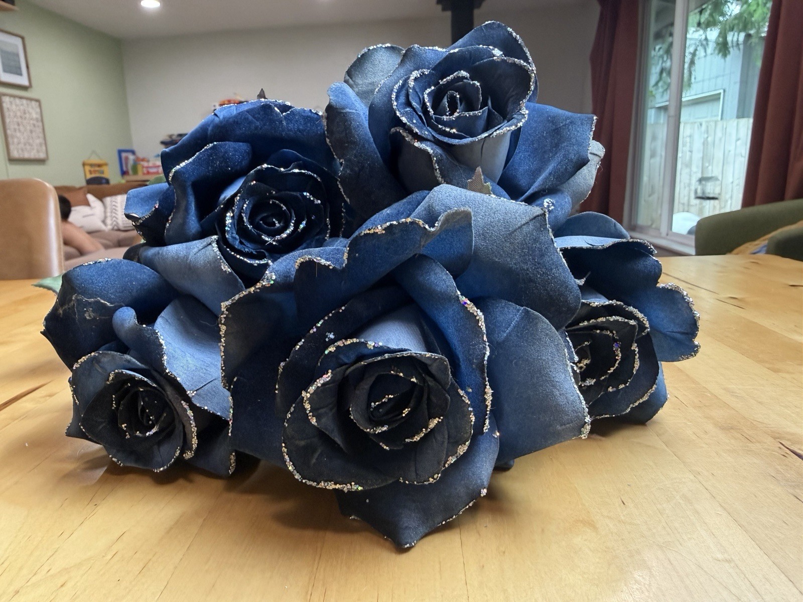 Set of 5 Navy Blue Velvet Roses Glitter Edge Long Stem Artificial Flowers 20”
