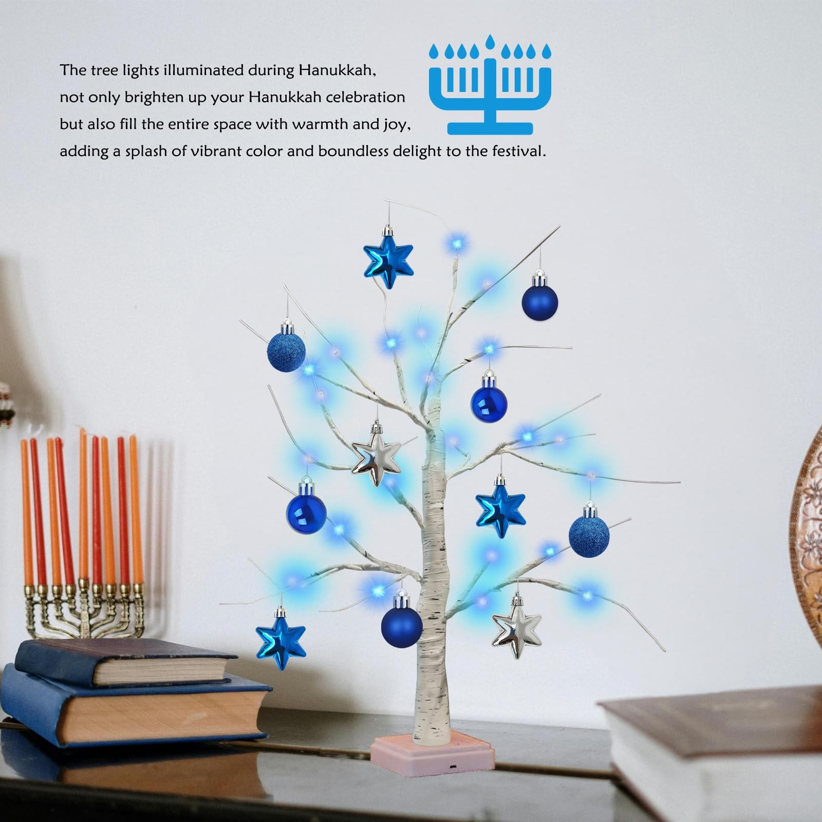 24 Inch Hanukkah LED Menorah Tree Lights, 24 Blue Star Lights, USB/Battery Op…