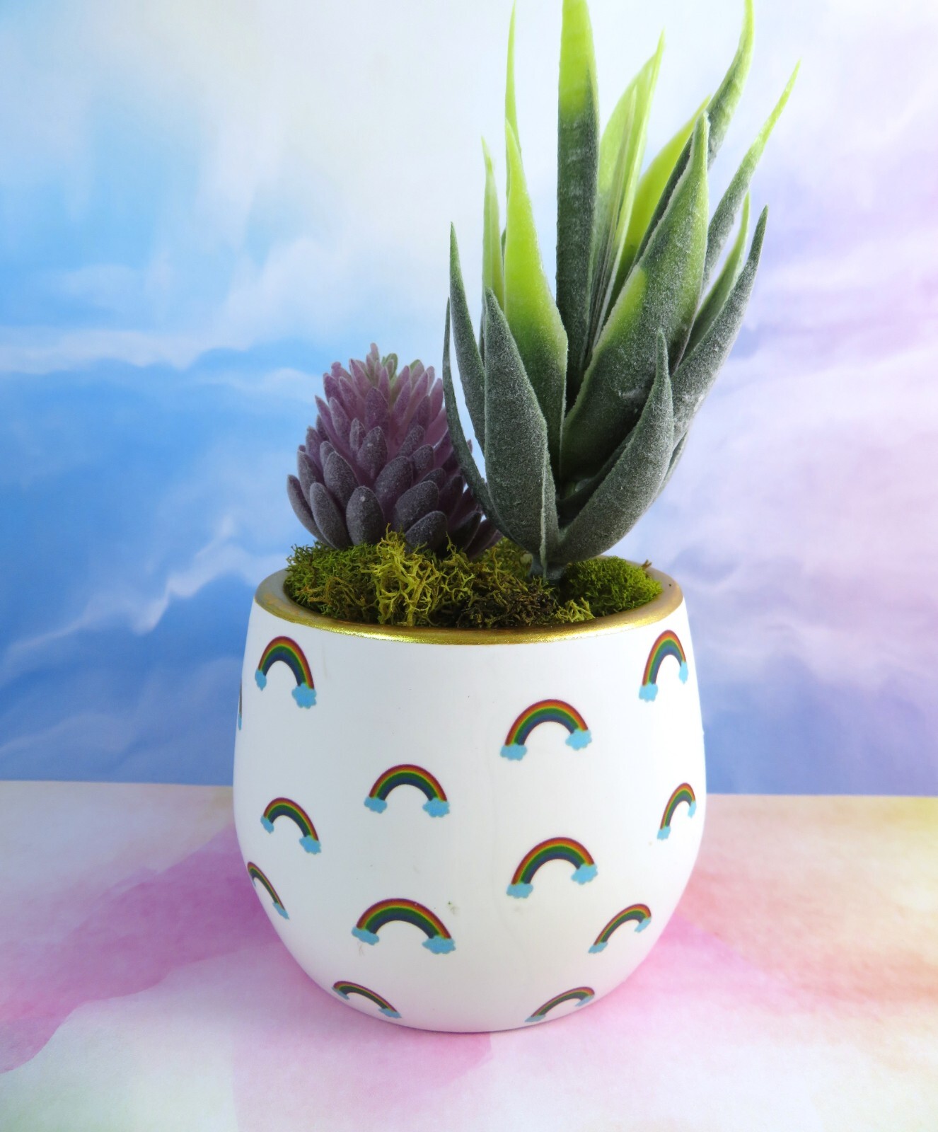 Mini Rainbows Ceramic Planter With Artificial Succulents Gold Rim 2.5 Inch New