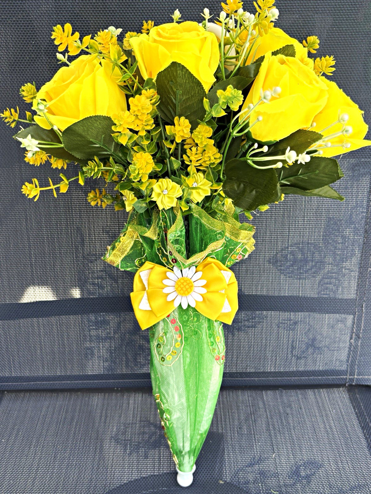 Yellow Artificial Rose & Daisy Floral Arrangement & Centerpiece in Green Holder