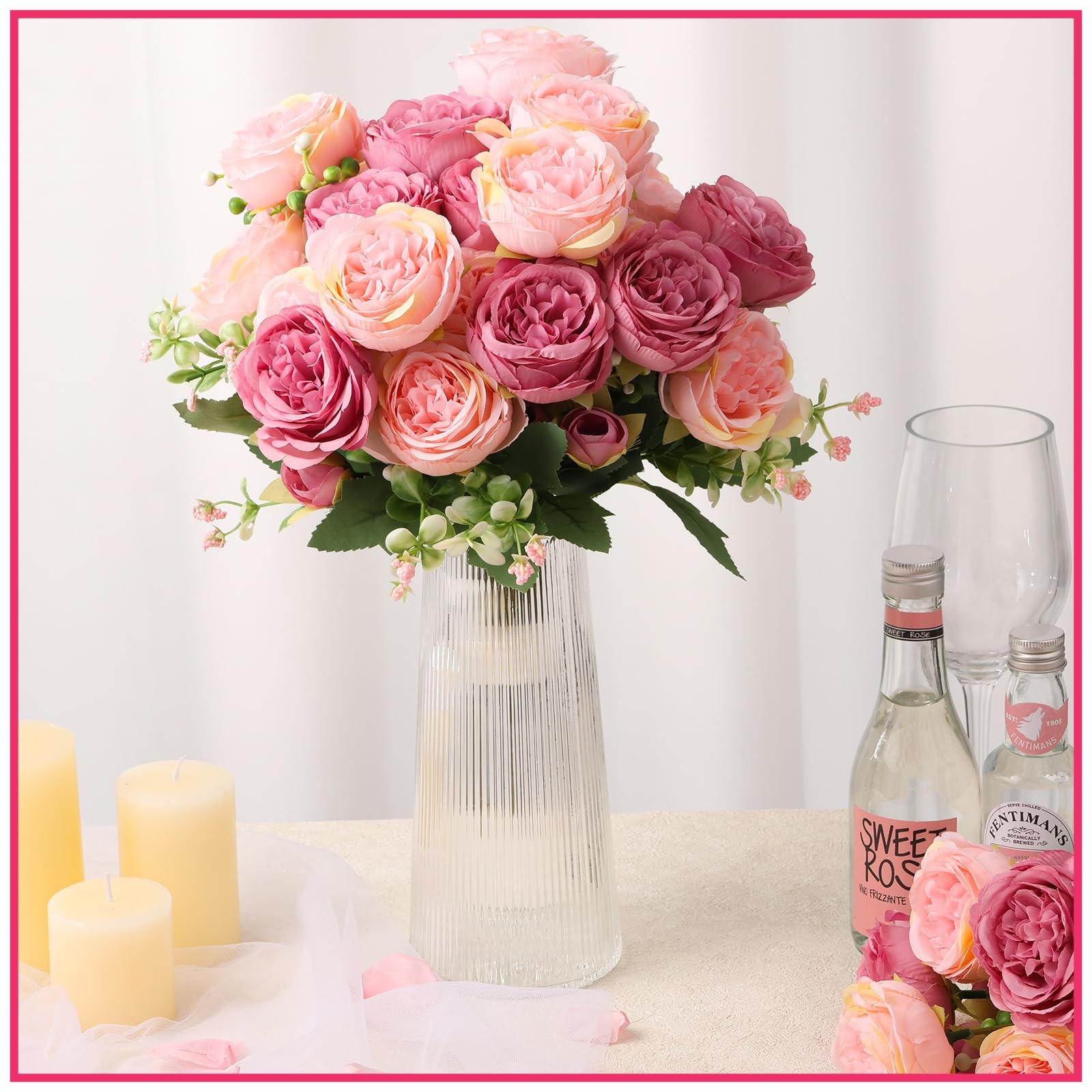 12 PCS Pink Artificial Peony Flowers Silk Fake Bridal Bouquet Home Centerpiece