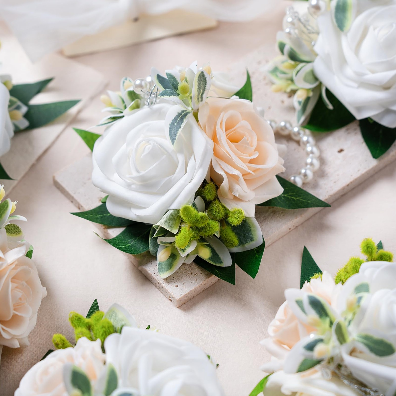 6 PCS White Wrist Corsage Homecoming Flower Girl Bridesmaid Wedding Prom Decor