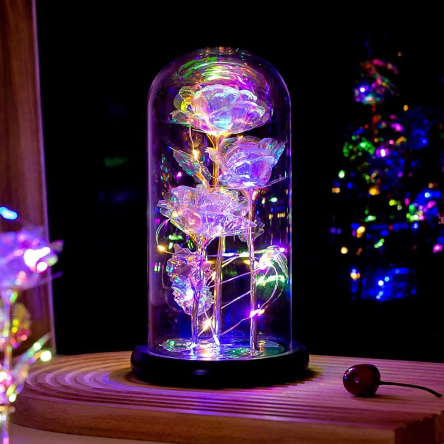 Mothers Day Mom Gifts: Rainbow LED Galaxy Glass Flower Rose in Glass Dome, 3 Col