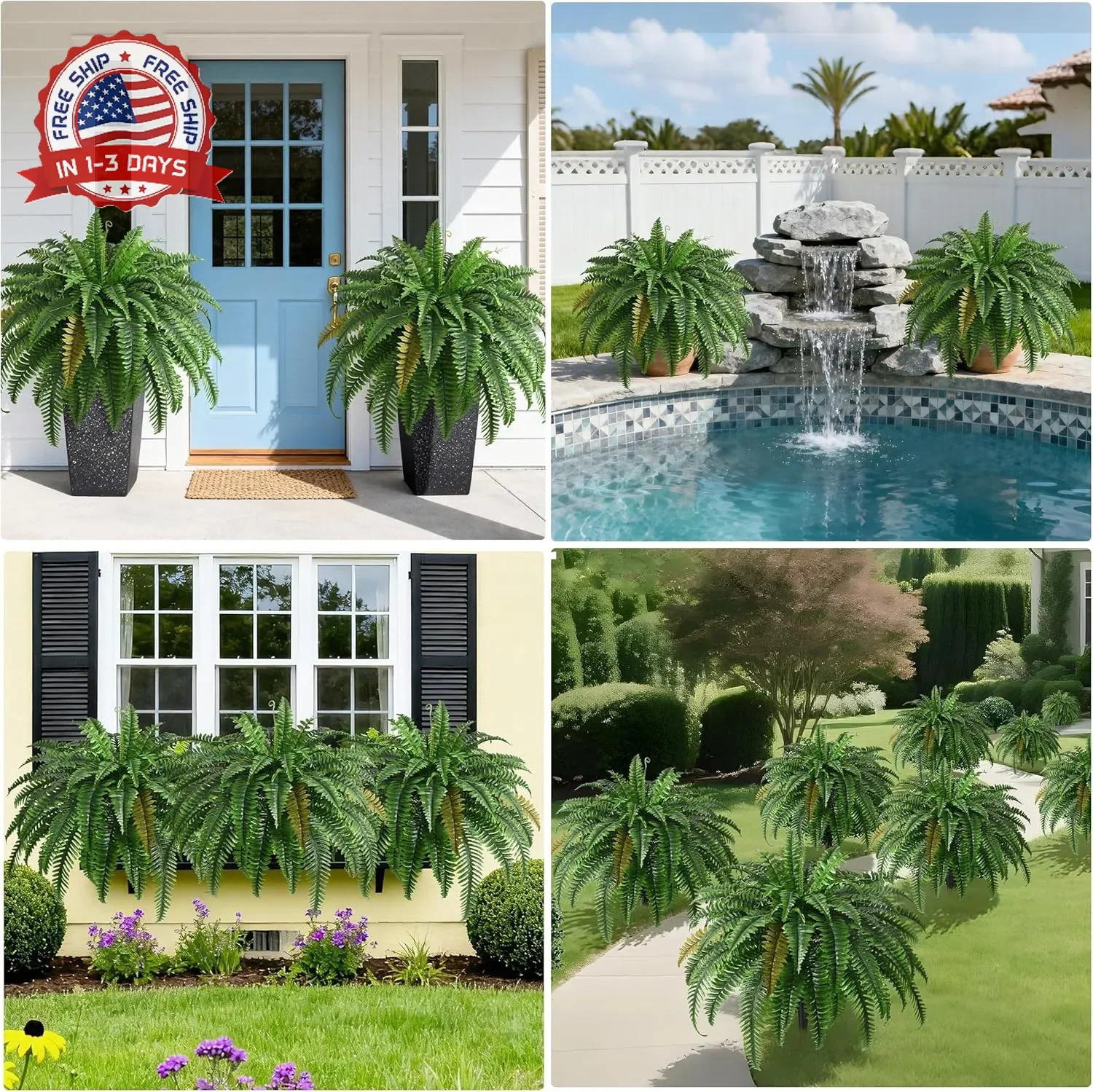 2PCS 45in Fake Ferns- Large Artificial Plants Outdoor, UV Resistant Artificial F