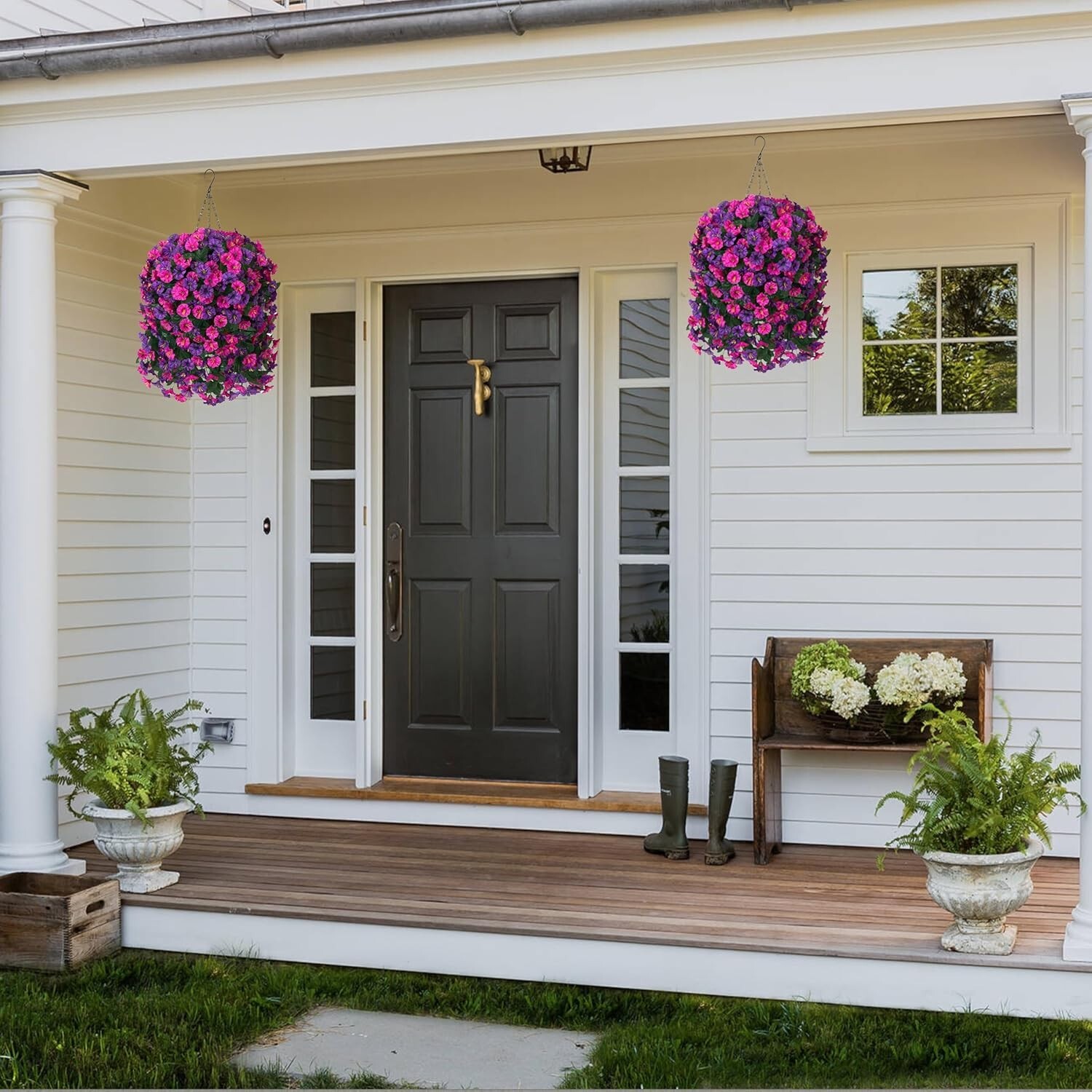Vibrant Fuchsia & Dark Purple Faux Silk Hanging Flower Planter for Home Yards