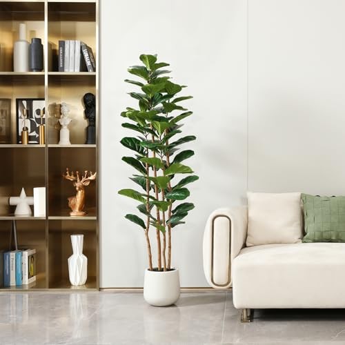 6ft Artificial Fiddle Leaf Fig Tree with White Planter 4 Wood Trunks