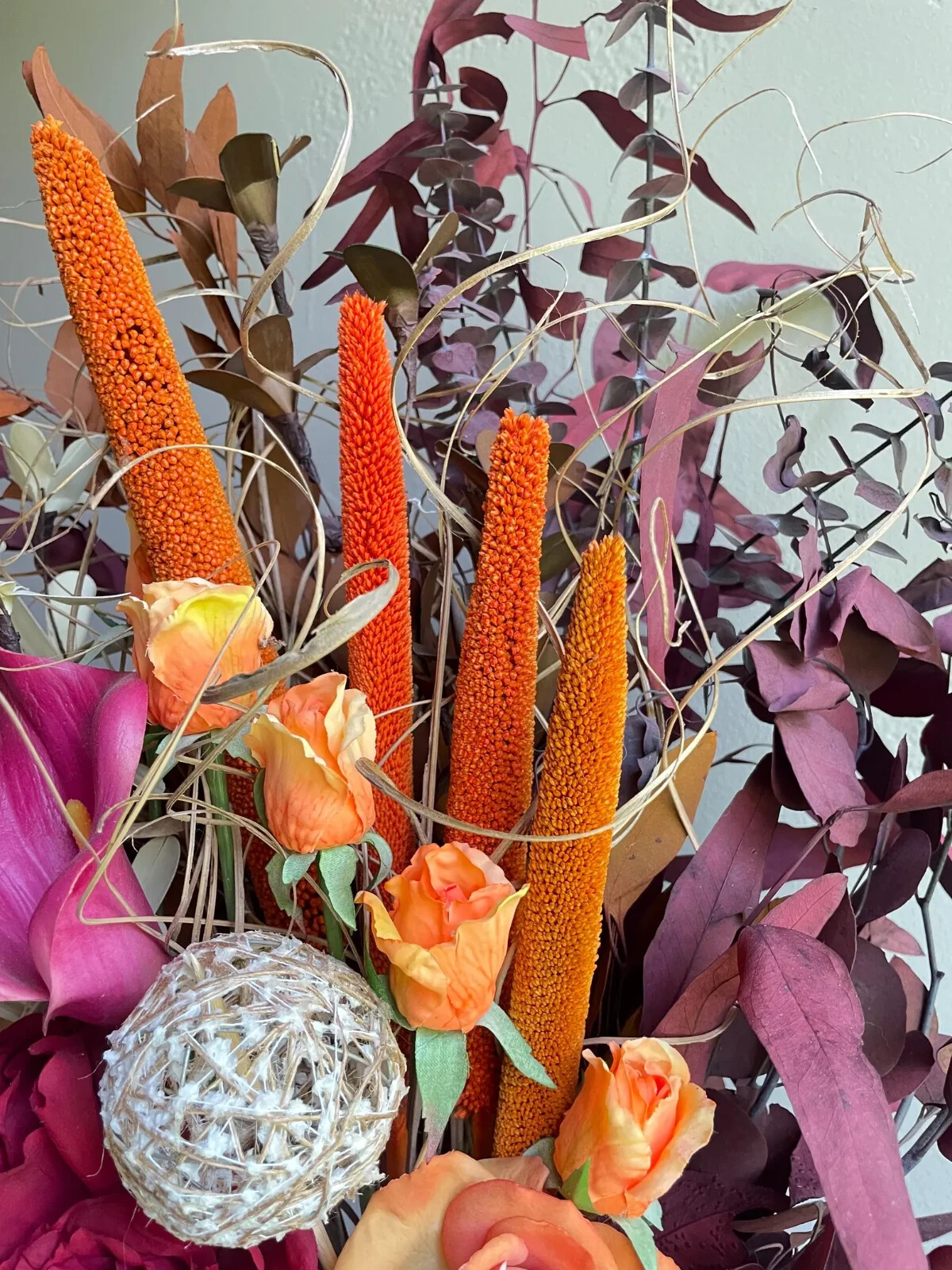 Flower Arrangement- Burgundy Orange Mauve Roses Tulips Hydrangea Centerpiece