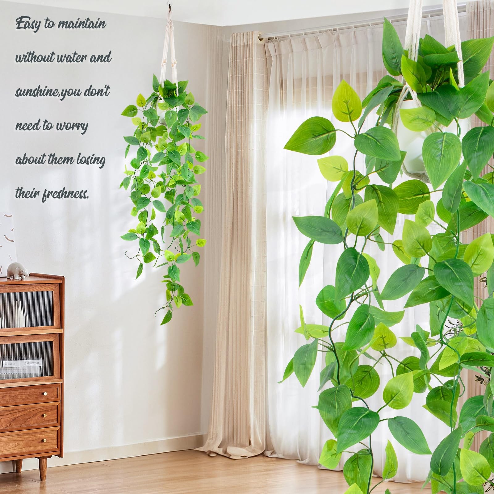 2 Pack 39 Inch Artificial Hanging Plant Kit Fake Pothos Vines White Pot