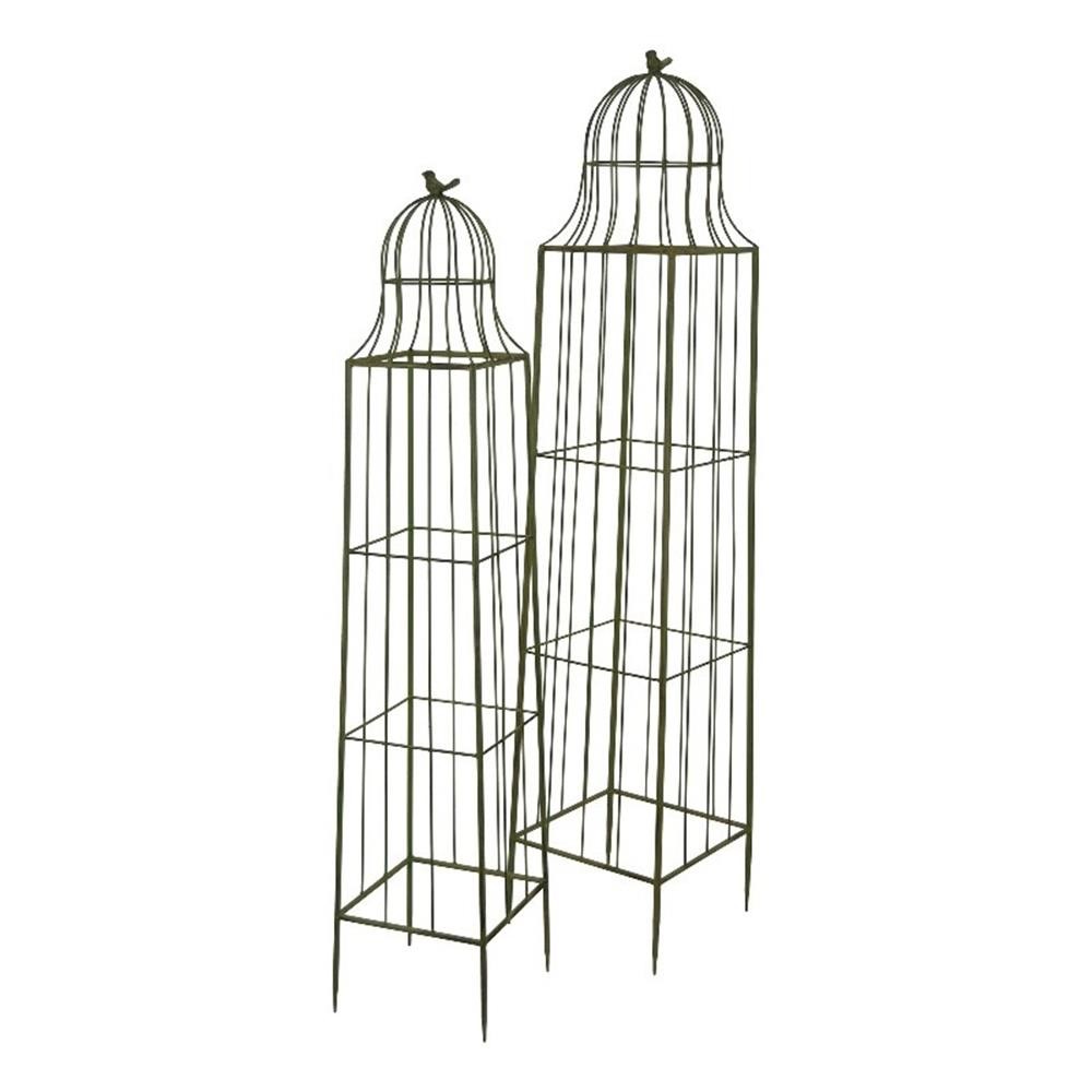 Benjara Meryl Plant Trellis Set of 2- Garden Tall Cage Design- Green Metal