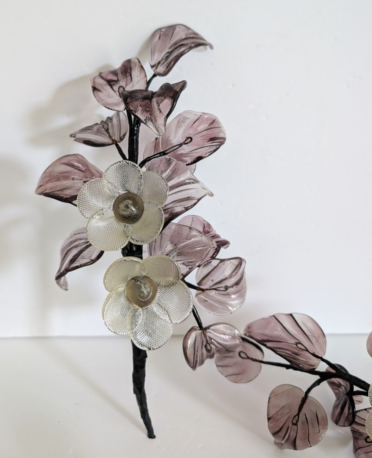 Vintage Hand Blown Glass Smoky Amethyst Flower Branches Set Of 3 Stalks MCM 15″