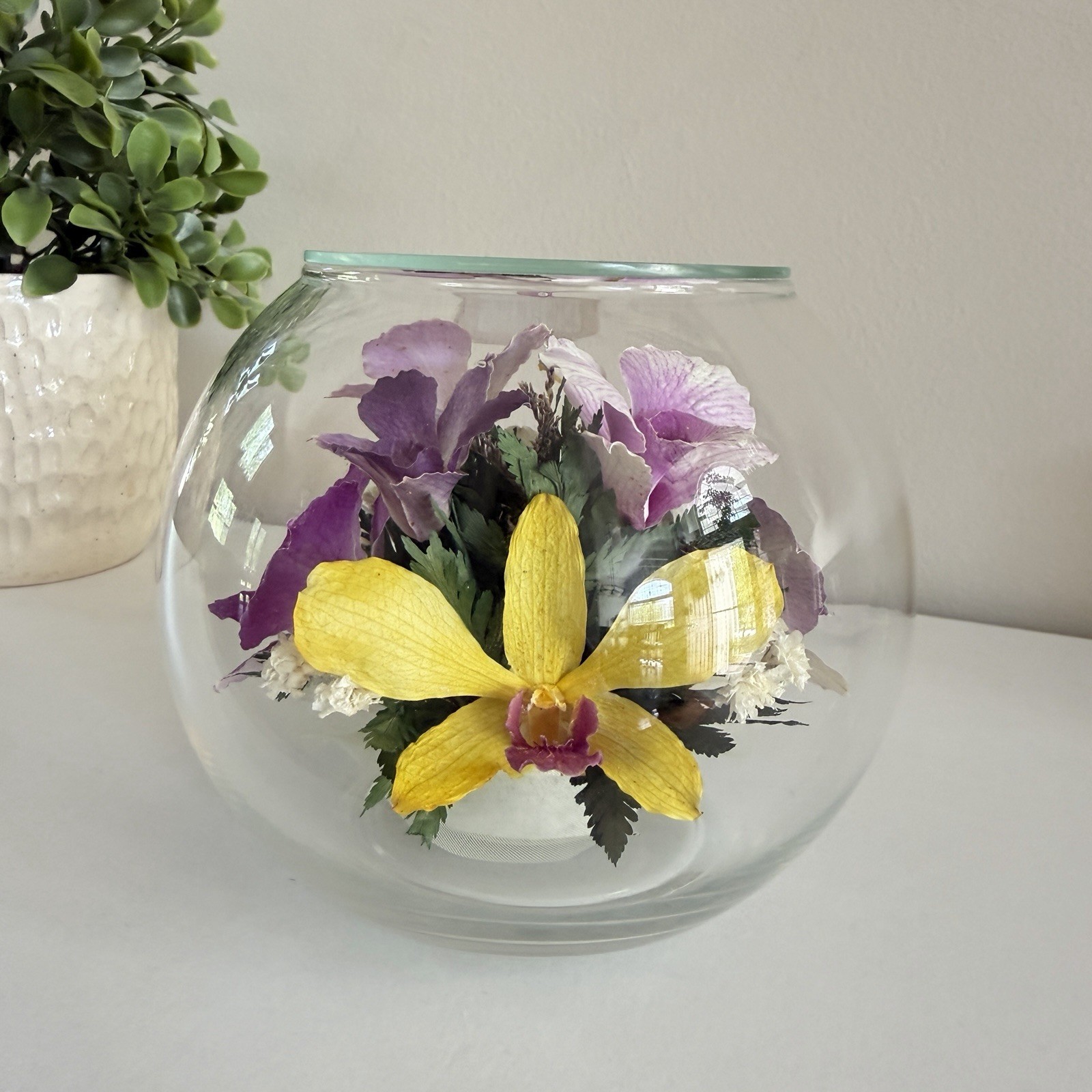 Real Preserved Flowers in Sealed Glass Bowl Floral Home Decor Purple Orchid