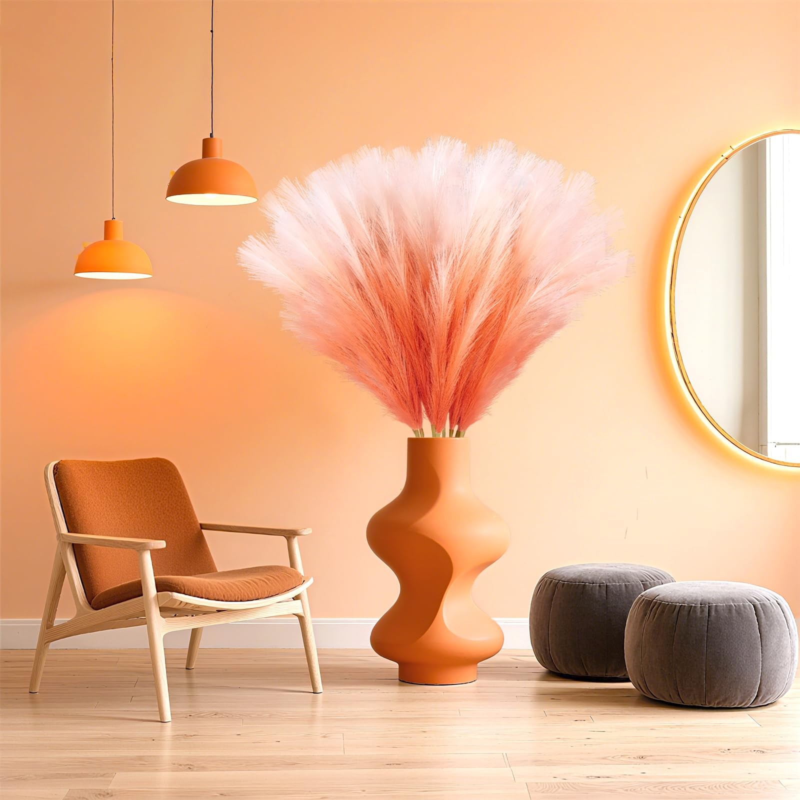 8Pcs Orange Faux Pampas Grass Tall Decor, 35.4” Fluffy Artificial Pompous Gra…