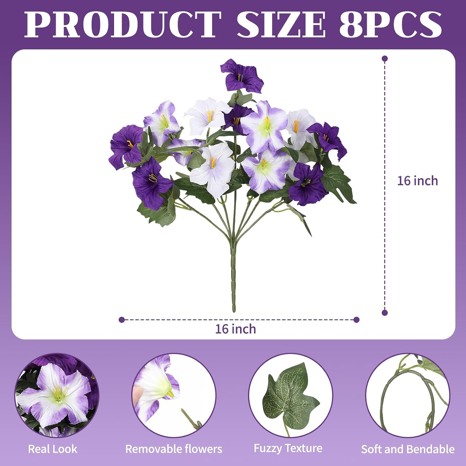 UV Resistant Large Faux Petunias – 8 Bundles for Outdoor Decor (Purple-White)