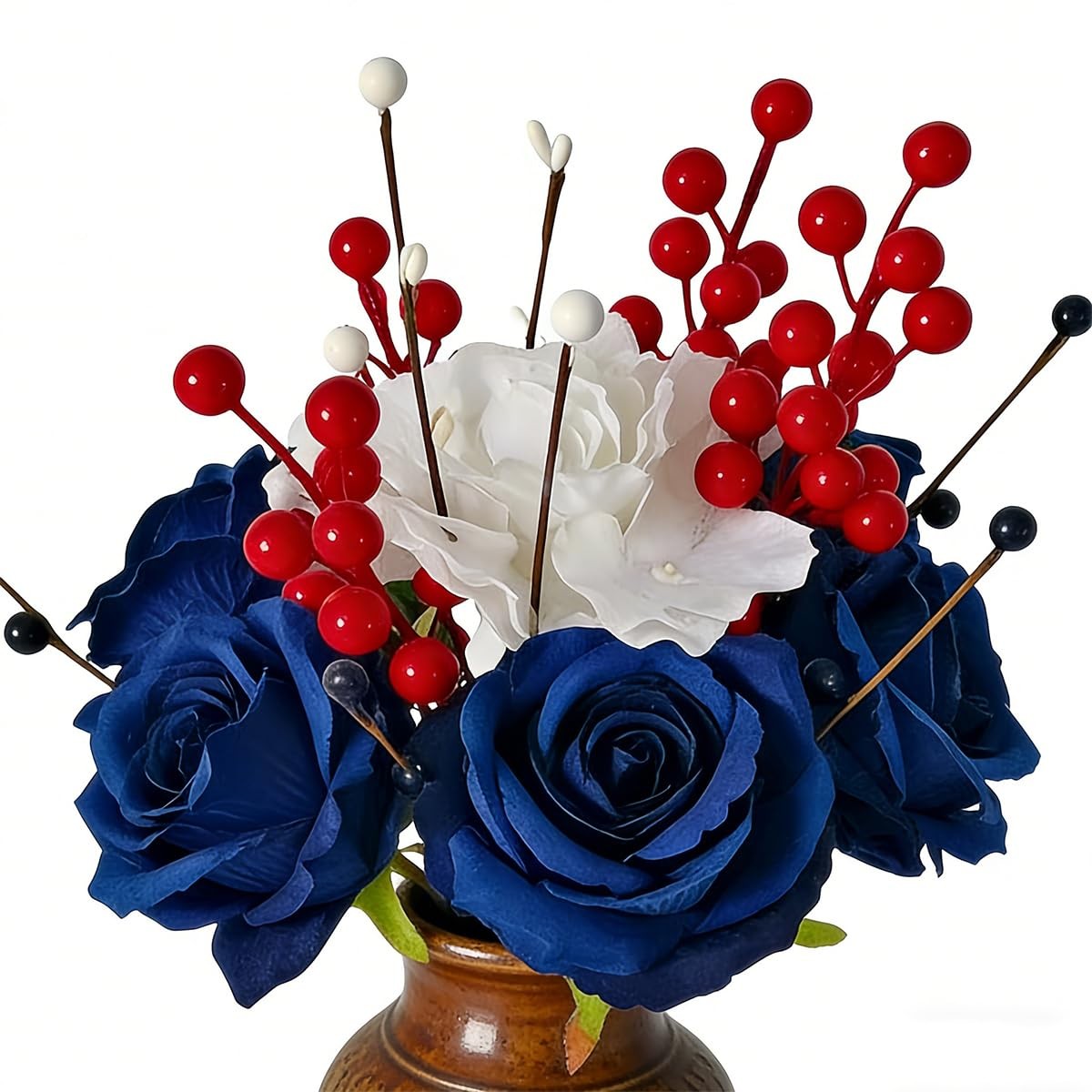 Patriotic Artificial Rose Flowers Berry Stem Picks Red White Blue Silk Floral…