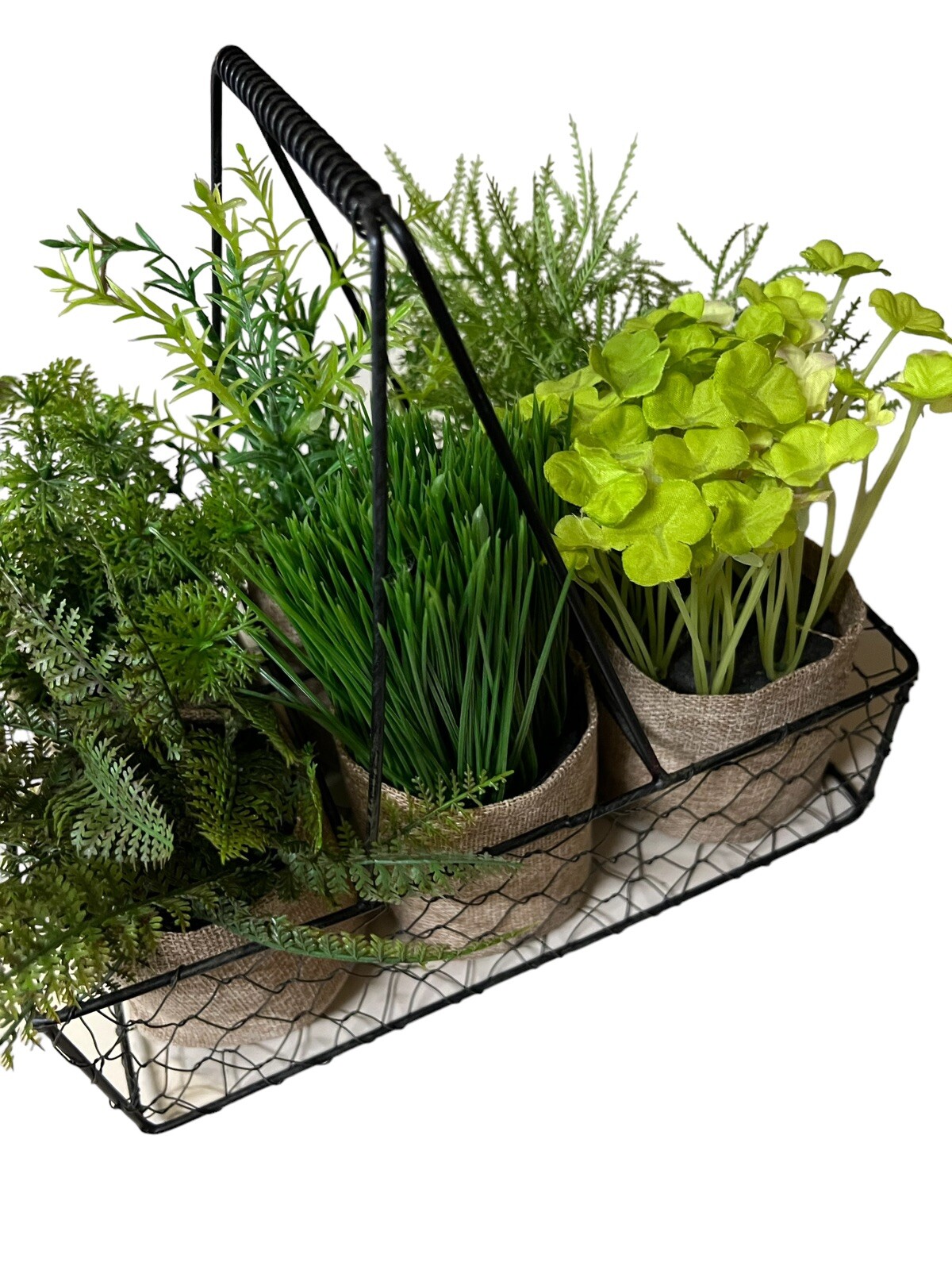 6 Artificial Plants In Burlap Containers Within A Metal Chicken Wire Carrier