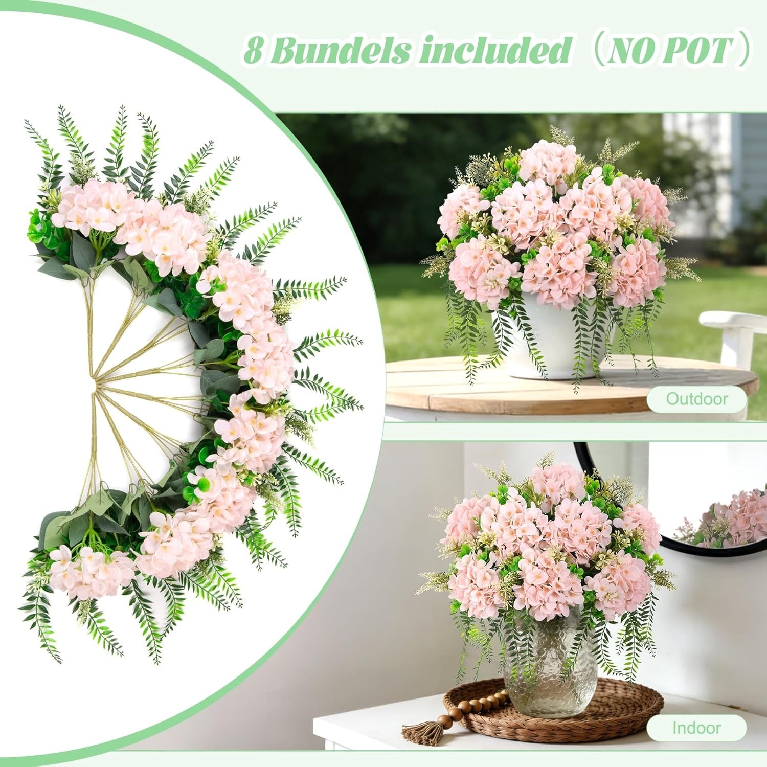 Artificial Hydrangea Flowers Silk Pink Fake Flower with Eucalyptus for Outdoo…